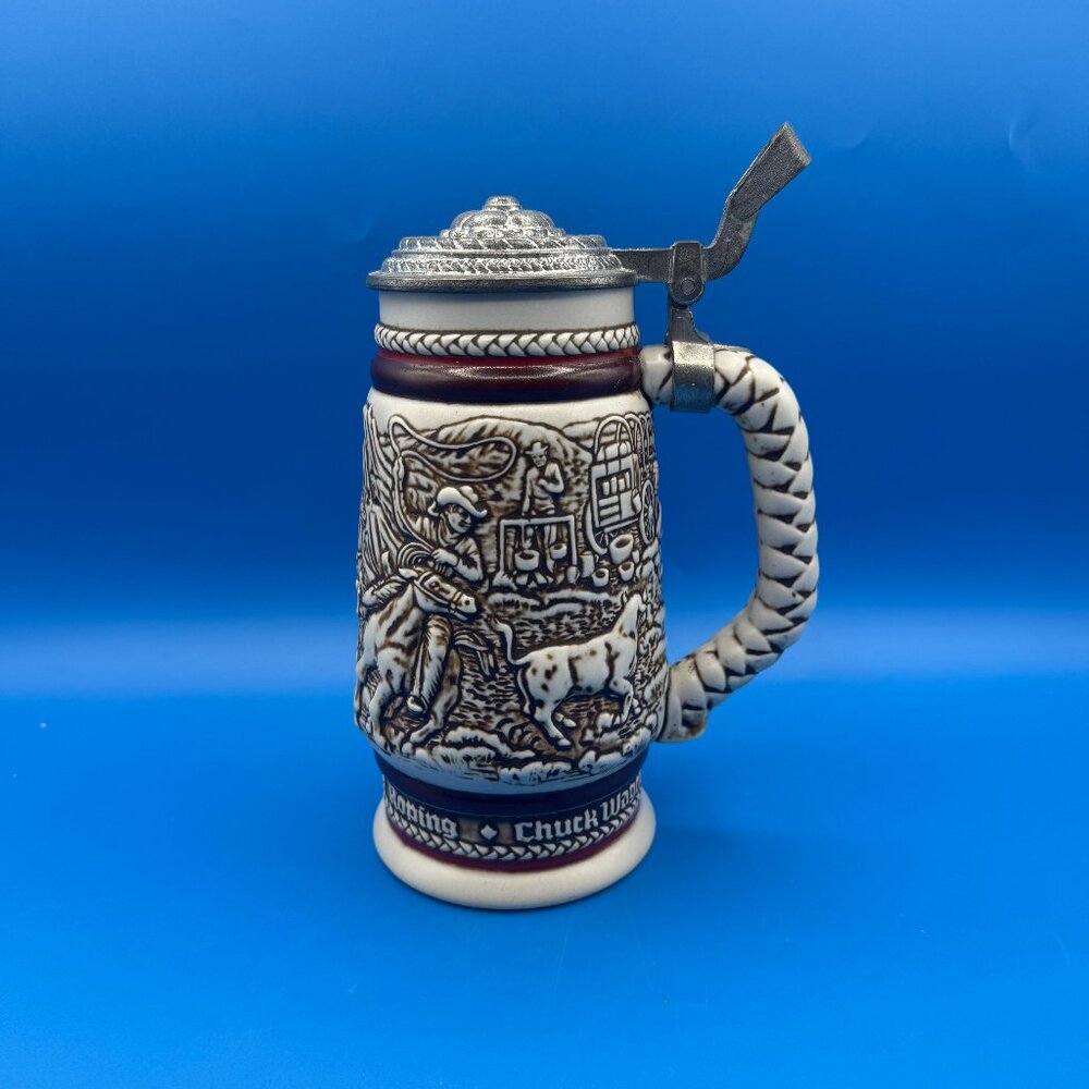 Vintage 1980 Avon Beer Stein Western Roundup Cattle Drive Handcrafted Brazil Mug